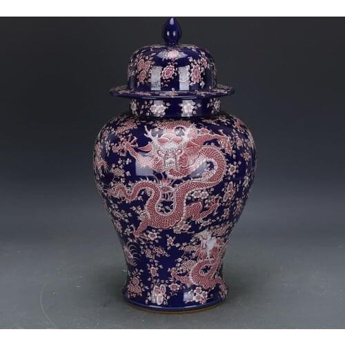 Antique QingDynasty porcelain pot,Blue pastel five dragon general tank ,Hand-painted crafts,Collection&Adornment,Free shipping