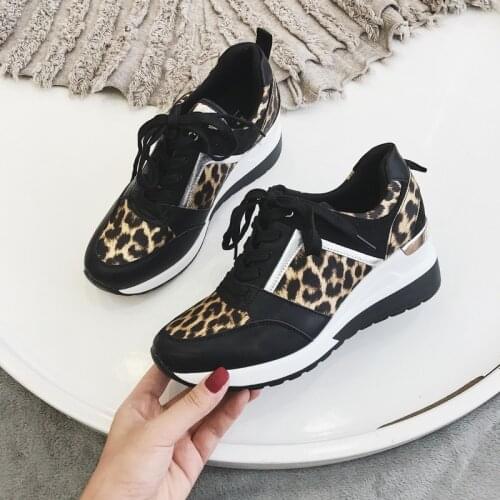 New Fashion Womens Sneakers Leopard Print Leather Thick Bottom Increased Sneakers Casual Comfortable Sports Shoes For Ladies 41
