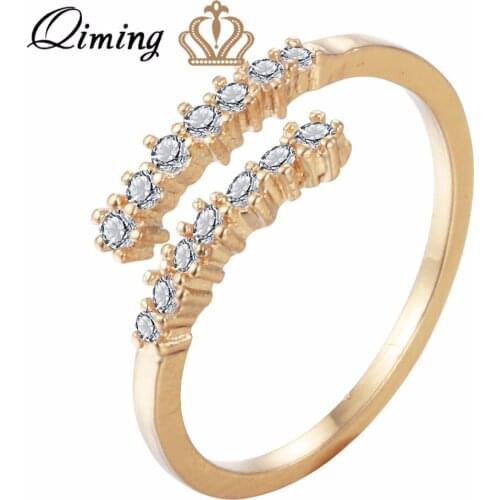 QIMING Simple Women Adjustable Gold Rings Zircon Crystal Wedding Engagement Fashion Jewelry Korean Ring Female