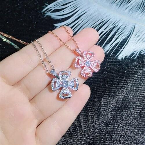 Trendy 925 Sterling Silver Necklace Women Choker Bijou Luxury Crystal Clover Pendant Necklace Girl Rose Gold Accessories Female
