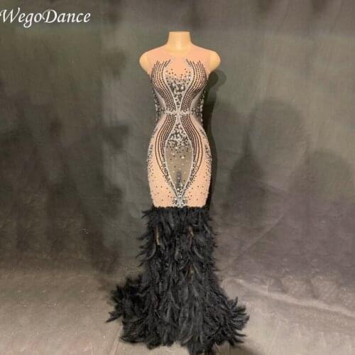 New Fashion Rhinestone Dress Black Feather Perspective Dress Evening Party Birthday Celebrate Costume Singer Performance Dress