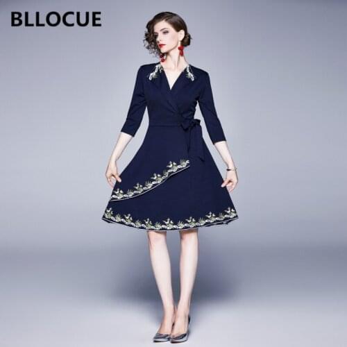 BLLOCUE Elegant Vintage Floral Embroidered Runway A-Line Dress Women Wrist Sleeve High Waist Autumn Office Work Party Dresses