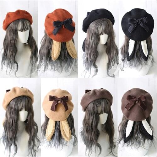 Sweet Bowknot Hat Lolita Girl Accessories Painter Hat Handmade Lop-eared Rabbit Berets B1669