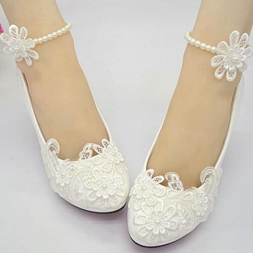 Ivory lace wedding shoes woman ankle beaded anklet lace flowers brides bridal wedding pumps plus size low high heel made