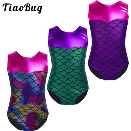 TiaoBug Kids Sleeveless Mermaid Scale Printed Splice Ballet Dance Leotard Girls Gymnastics Leotard Ballerina Party Gym Bodysuit