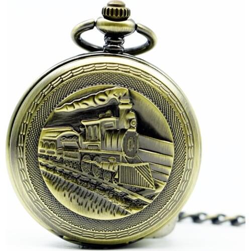 High Quality Classic Bronze Double Open Train Skeleton Roman Number Mens Mechanical Pocket Watch PJX1261