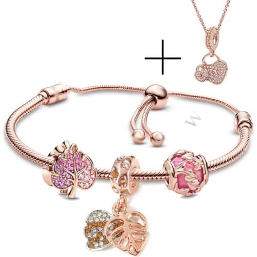 BRACE CODE Pave Maple Leaf Rose Gold Series Elegant Life Snake Bone Chain Momen Bracelets Set Simple Temperament Gifts