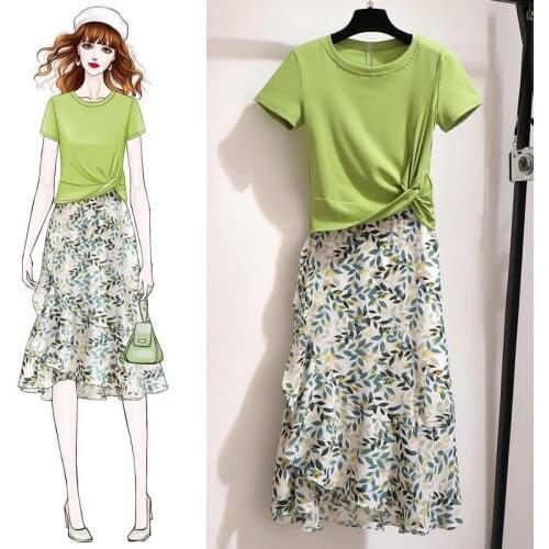 Skirt Suits for Women 2021 Summer 2 Piece Sets Womens Outfits Short Sleeve Tops and Floral Printed Midi Skirts Suit Y588