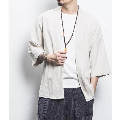 M-5XL Plus Size Men Three Quarter Sleeve Kimono Shirts Summer Japanese Streetwear Plain Color Linen Men Clothing XXXXXL