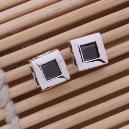 AE278 Lucky Silver Color Earrings For Women Jewelry Women Accessories Brightness Square Inlaid Black Stone /aqfajhma Anhajeoa