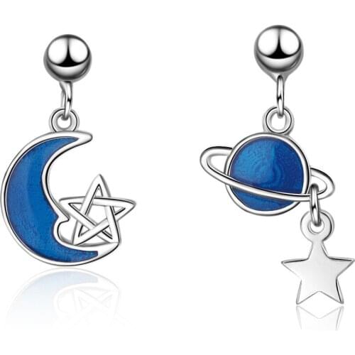 925 Sterling Silver Earrings Blue Universe Planet Moon Star Stud Earrings For Women Gift S-E899