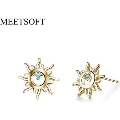 MEETSOFT Thai Silver Prevent Allergy Fashion Stud Earrings for Women Design Trendy Blue Crystal Small Light Round Jewelry Gift
