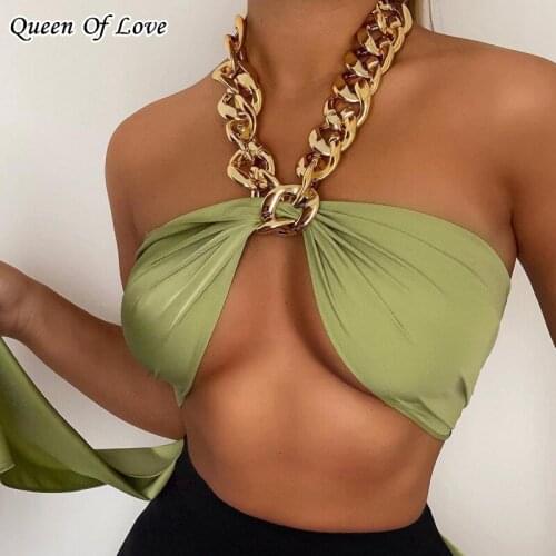 Sexy Y2K Satin Crop Top 2021 Summer Fashion Women Metal Chain Halter Back Straps Lace Up Bandage Green Tops Shirt Tank Tee
