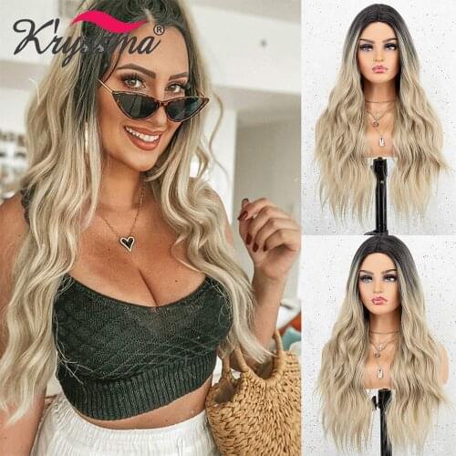 Kryssma Women Full Machine Made Hair Wig Ombre Blonde Wigs Mixed Black Body Wave Synthetic Wigs Long Wavy Cosplay Wigs For