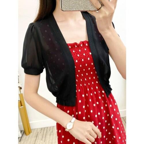 2020 Chiffon Shrug Women Casual Short Sleeve Light Crop Open Stitch Cardigan Short All-match Shawl Wrap Plus Size 5XL