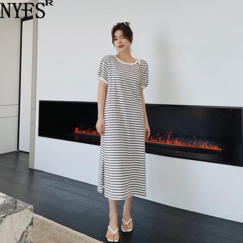 NYFS 2021 Korean New Summer dress Loose Woman Dress Vestidos robe ete Elbise Fashion Striped Long Dress