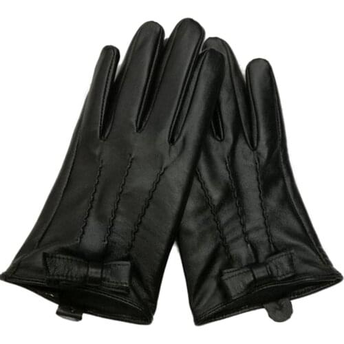 Winter Bow Sheepskin Gloves Mittens Plus Thick Velvet Full Finger Touch Screen Gloves Women Black Motorcycle Riding Gloves