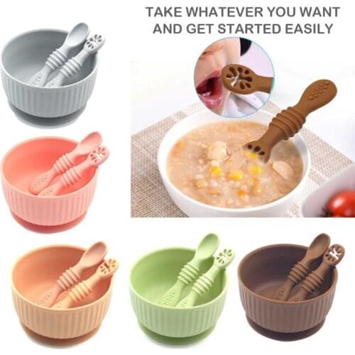3 Pcs Baby Silicone Suction Bowl Spoon Fork Learning Training Feeding Set Utensil Dishes Tableware for Newborn Toddlers G99C