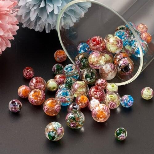 70pcs Gold Sand Lampwork Glass Loose Beads Smooth Rondelle Round Flower Pattern 8~12mm for Beading Jewelry Crafts Making