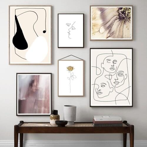 Abstract Line Flower Human Face Nordic Posters And Prints Fluid art Wall Art Canvas Painting Wall Pictures For Living Room Decor