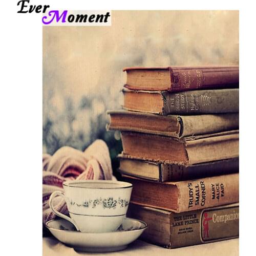 Ever Moment Diamond Painting Old Books Cup of Tea Diamond Embroidery Relax Reading Time Craft Decoration for Study Room ASF953