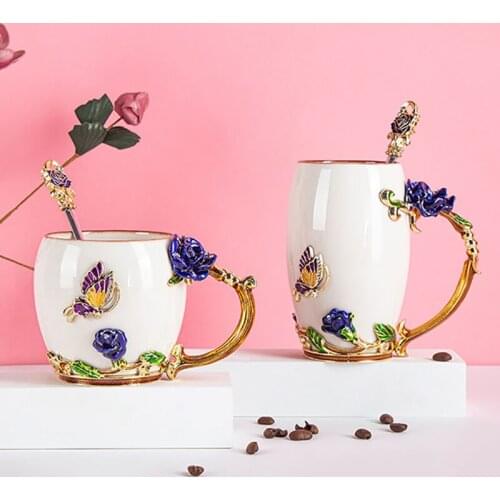 White porcelain Enamel Crystal mug Tea Cup Rose Coffee Mugs Butterfly Rose Painted Flower Water Cups ceramics with Spoon Set