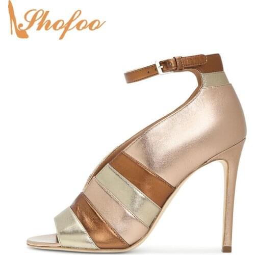 Gold Stripe Peep Toe Ankle Strap High Thin Heels Sandals Woman Buckle Large Size 10 15 For Ladies Footwear Fashion Shoes Shofoo