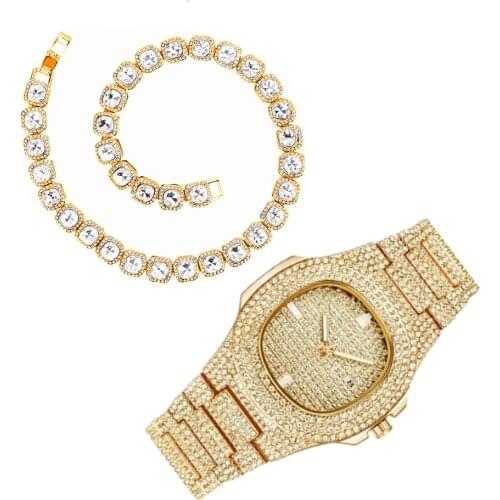 Luxury Fashion Watch for Men Women Hip Hop Iced Out Chain Necklace Bracelet Tennis Bling Paved Bling Gold Iced Out Watches Reloj