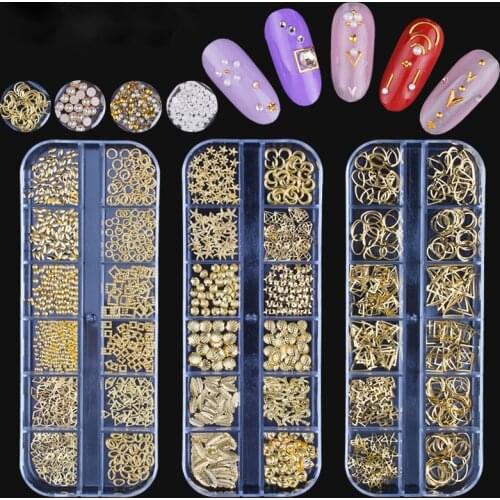 CHNRJML 12Girds/Box Gold Silver Hollow Nail Rivets Decoration Metal Charms Moon Star Crystal Stud DIY Nails Art Accessories Tool