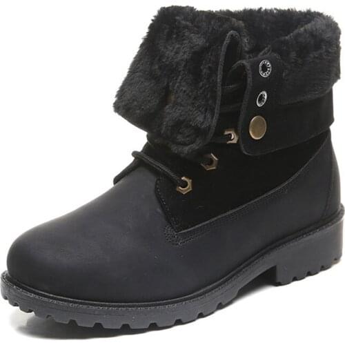 CUZULLAA Women Winter Plush Lining Turned-over Work Boots Shoes Lady Fashion Ankle Boots Female Lace-up Bootie Plus Size 36-42