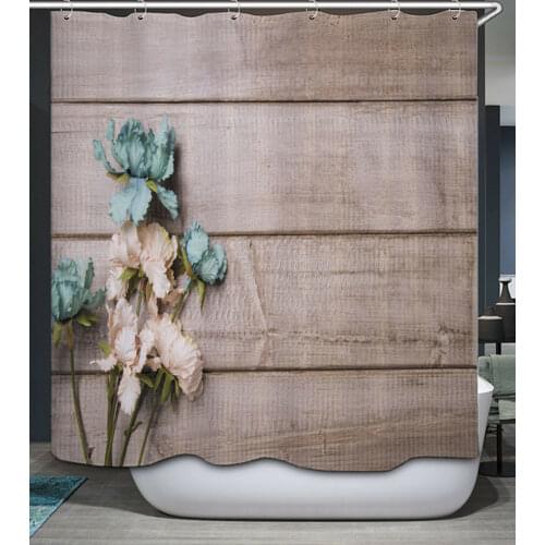 Wood Boards Planks Flowers Fabric Shower Curtain Primitive Country Aqua