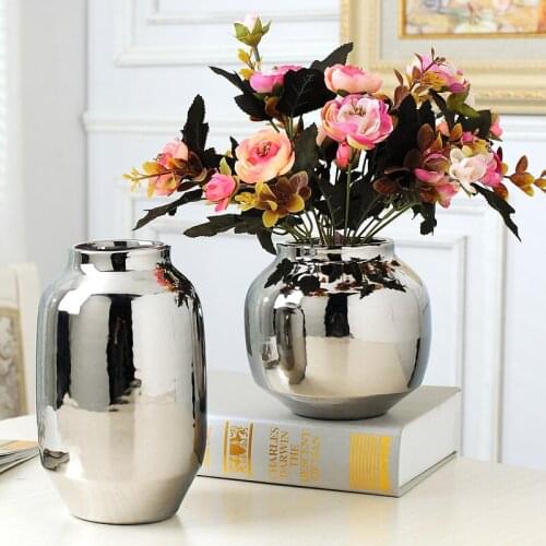 Europe Electroplate Ceramic Vase Silver cylinder large vases Home Living Room TV Cabinet Wine Rack Home Decoration accessories
