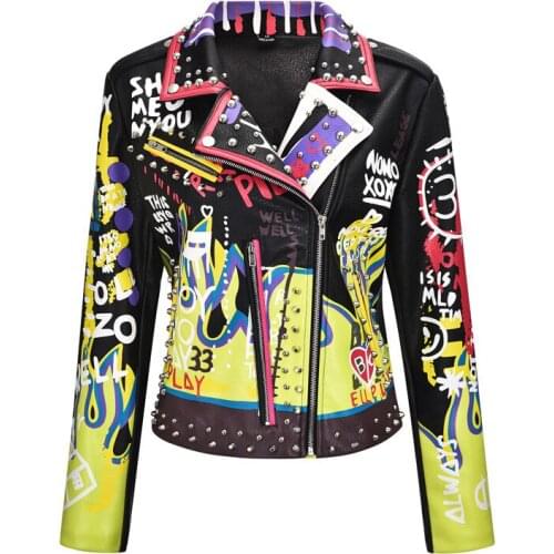 Winter Punk Rock Faux Leather Jackets Women Fire Graffiti and Eagle Patches Studded Rivet Fashion Streetwear Motorcycle Coat
