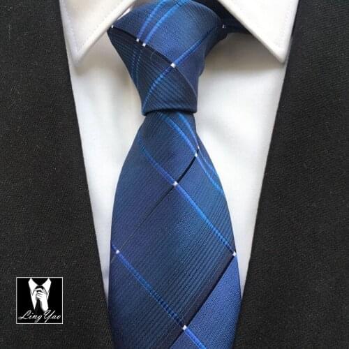 Lingyao NEW Handsome Men Woven Ties Solid Blue Plaids with White Grids Fashion Gravata (Made of 2400 Stitches Colorful Thread)
