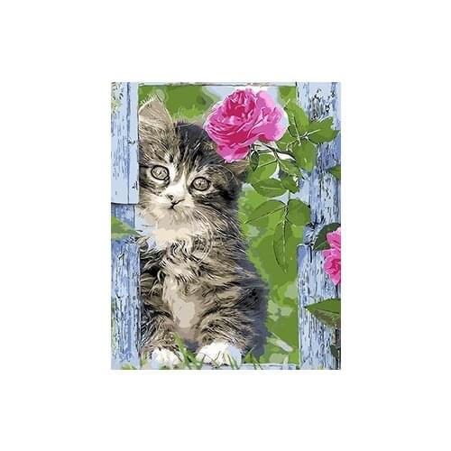 MaHuaf-W601 flowers cat Framed unique landscape DIY Painting By Numbers Art Canvas Painting