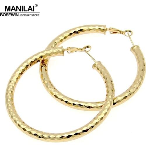 MANILAI Fashion Female Jewelry 55mm Diameter Shiny Faceted Alloy Round Thick Hoop Earrings For Women Collier Statement Jewelry