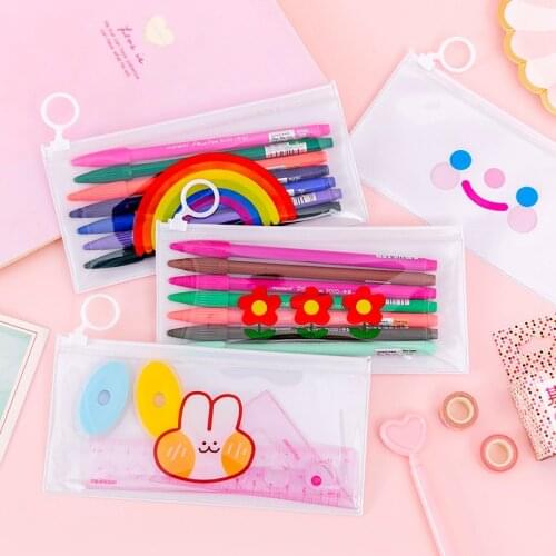 Cute Bunny Transparent Pencil Cases Kawaii Flower Waterproof File Holder Pencil Bag Pen Case Korean Stationery School Supplies