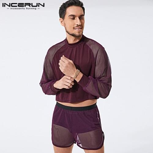 Men Sets Streetwear Mesh Patchwork See Through 2021 O Neck Long Sleeve Crop Tops & Shorts Casual Men Suits INCERUN Two Pieces