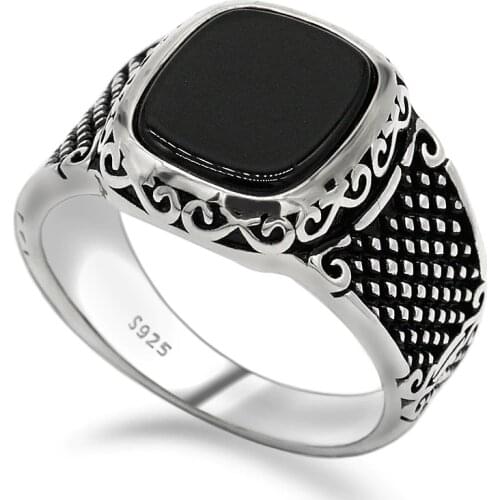 925 Sterling Silver Men Ring Square Black Nature Stone Vintage Punk Style Finger Ring for Man Party Street Fashion Jewelry