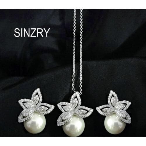 SINZRY brand cubic Zirconia flower pendant necklace set classic imitation pearl Korean jewelry set for women