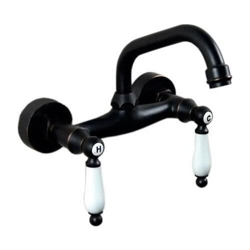 Wall Mounted Two Handles Oil Rubbed Bronze Finish Kitchen Sink Bathroom Basin Faucet Mixer Tap zhg001