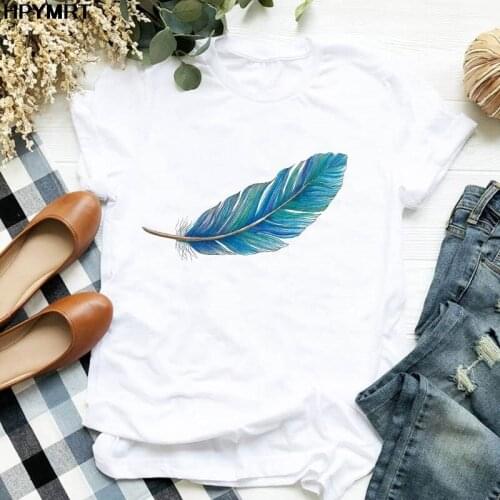 New Harajuku womens white T-shirt fashion Aesthetic feathers print T shirt summer casual shirt short-sleeved female Tshirt Top