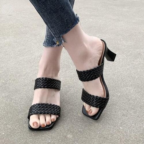 2021 New Fashion Large Size Womens Shoes Summer New Womens Square-head Woven Sandals and Slippers Womens High-heeled Hot