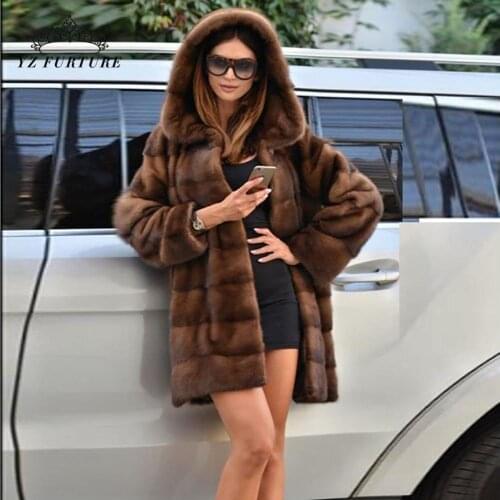 2020 New Real Mink Fur Coat With Hood Pelt Fur Natural Long Coat Warm Winter Women Real Mink Fur Outwear Jacket Genuine MKW-101
