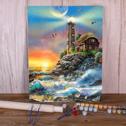 Landscape Lighthouse Coloring By Numbers Painting Package Oil Paints 50*70 Canvas Pictures Wall Decoration For Handiwork