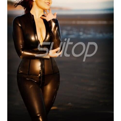 Suitop Latex Rubber jumpsuit in Trasparent Black color front zip to crotch
