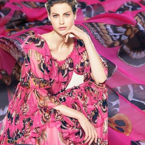 Rose red cartoon butterfly chiffon printing cloth clothing fabric high-grade summer drape holiday dress shirt cloth thin