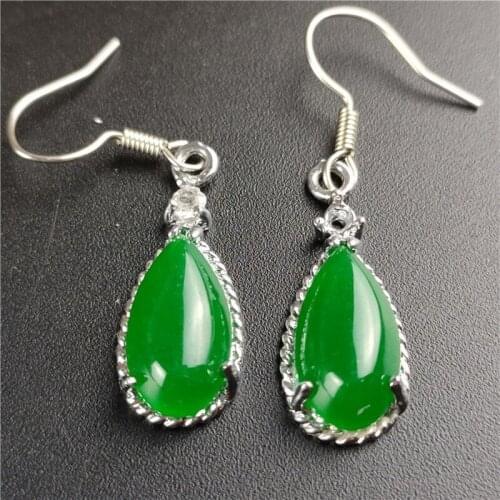 Natural Green Chalcedony Hand Carved 925 Silver Inlaid Drop Earrings Fashion Jewelry Mens and Womens Earrings