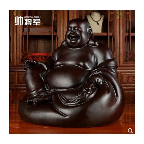 Maitreya Buddhas Statue for Money Sitting and laughing Buddha with solid wood belly Black sandalwood carved Decorative Ornament