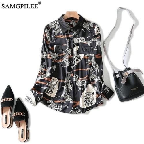 Blouse Women 2020 Casual Korean Fashion Clothing Chiffon Full Sleeve Animal Turn-down Collar Women Blouses Autumn Elegant 3XL